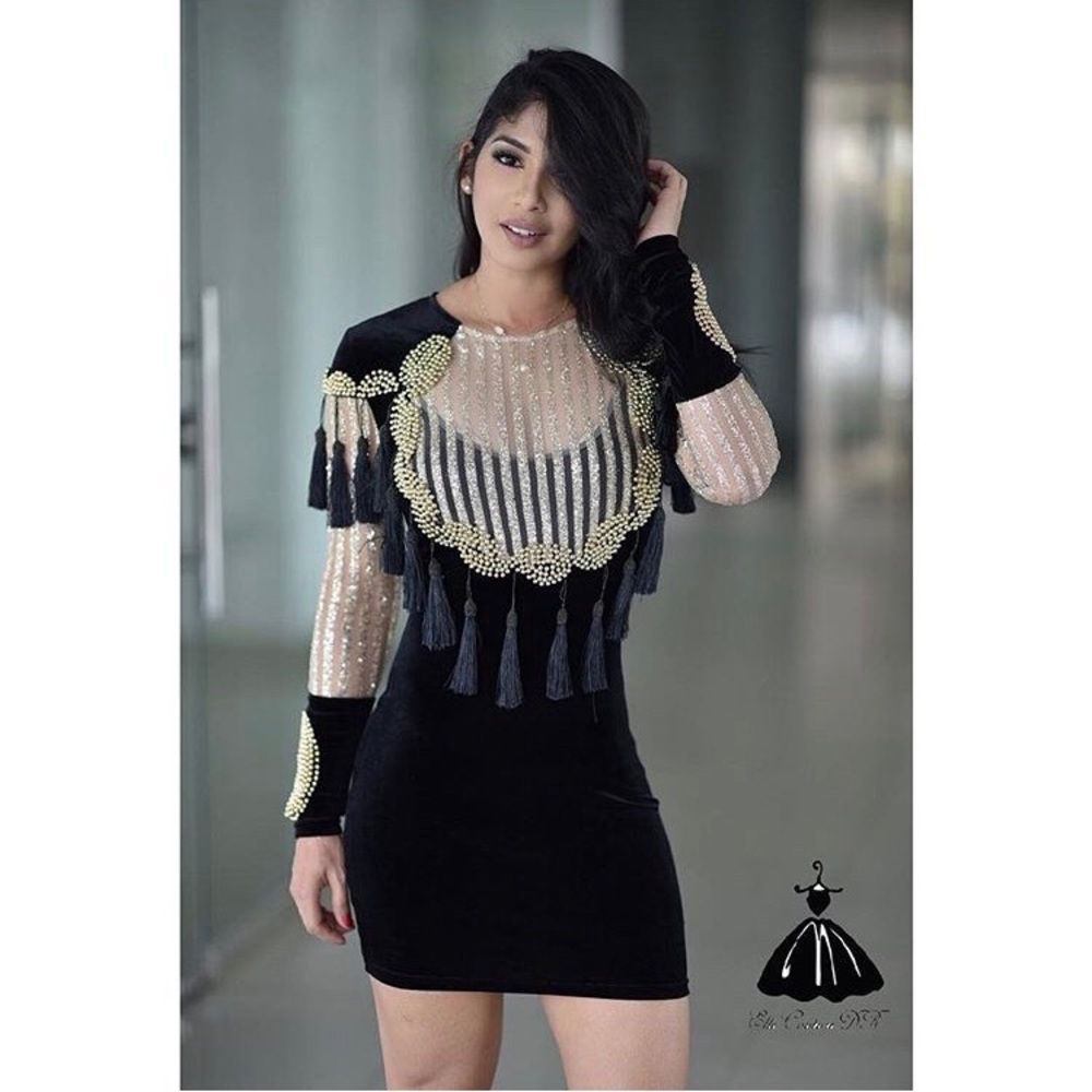 Emebellished black velvet dress